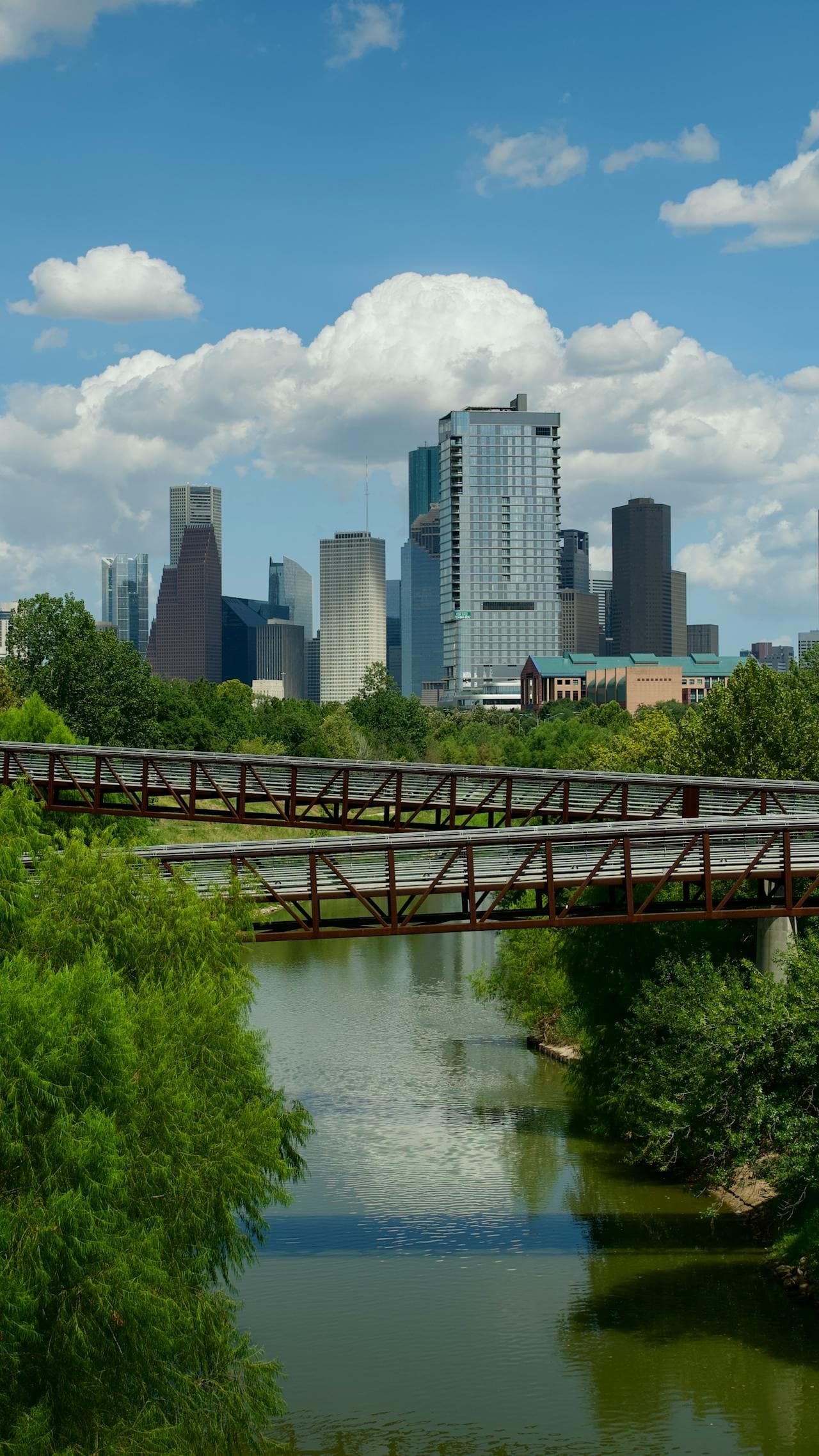 Houston skyline along the bayou